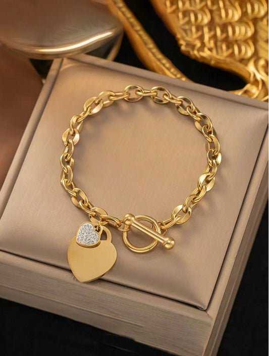 SHEIN 1 Set Stainless Steel Metal Double Heart Necklace & Bracelet Jewelry Set