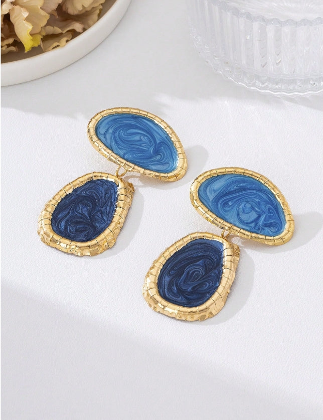 1 Pair Gold Framed Blue Marble Swirl Pendant Earrings