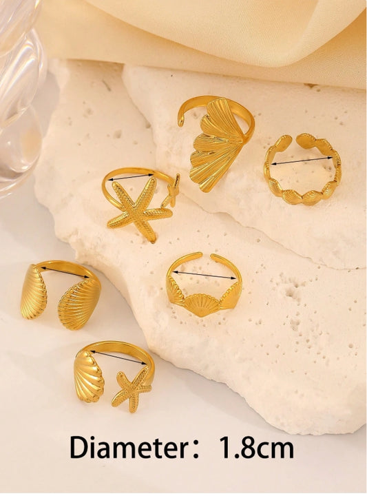 SHEIN 6pcs/Set Fashion Stainless Steel Ocean Series Starfish Coral Shell Decorated Rings,