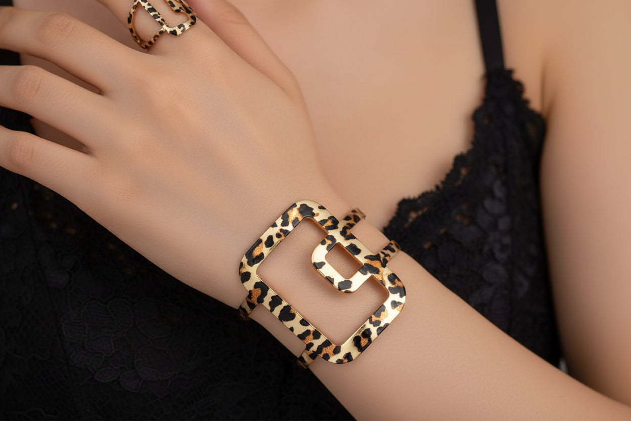 SHEIN 1pc/Set Fashionable Leopard Print Open Ring Leopard Print Bracelet Set / Multicolor / Set