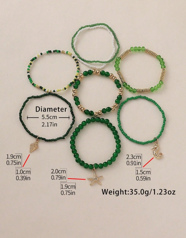 SHEIN 8pcs Bohemian Ocean Theme Seahorse, Shell, Starfish Pendant Glass Beaded Multilayer Bracelet