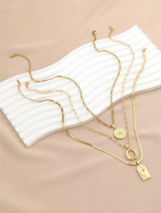 SHEIN 3pcs Stainless Steel Golden Yellow Light Set With Diamonds, 3 Different Styles Of Necklaces And Pendants In The Face Series,
