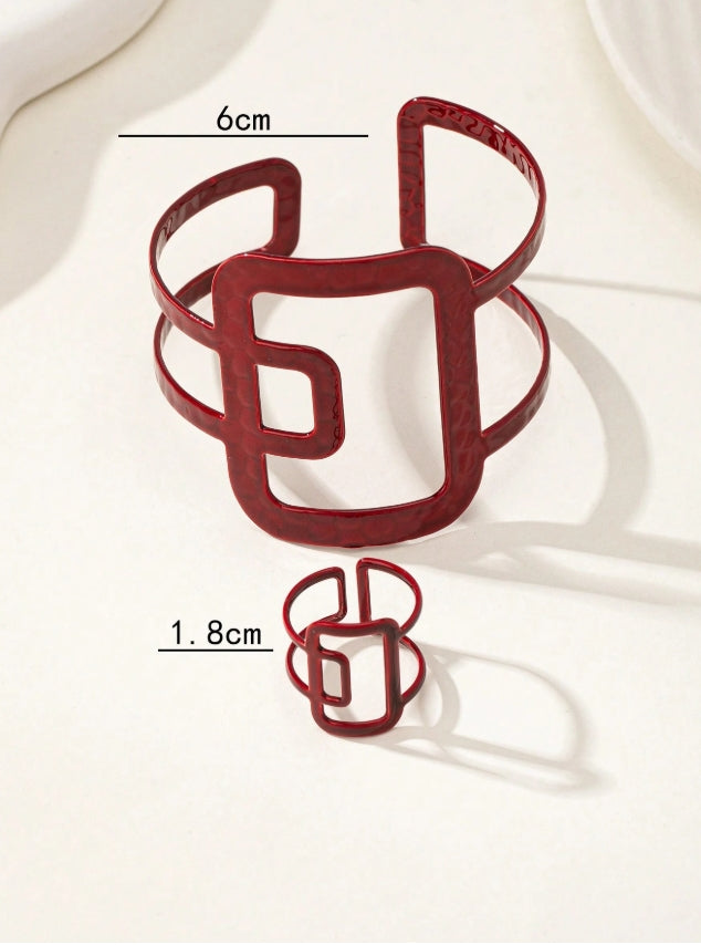 SHEIN 1 Set Punk Style Versatile Metal Red Geometric Hollow Adjustable Bracelet & Ring Set