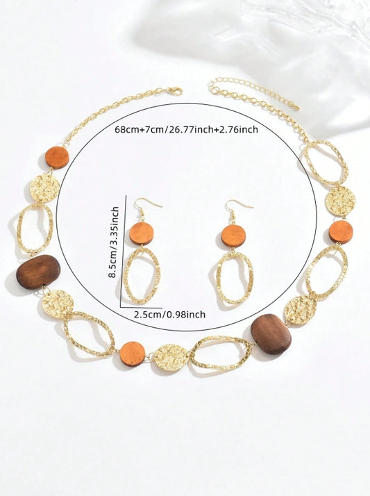 SHEIN 1 Set Vintage Hollow Round Wooden Bead Necklace & Earrings Set,