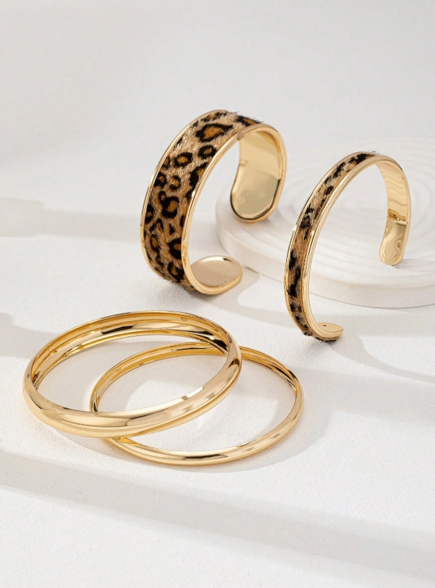 SHEIN 2pcs Leopard Print PU Leather Bracelet & 2pcs Minimalist Metal Bracele