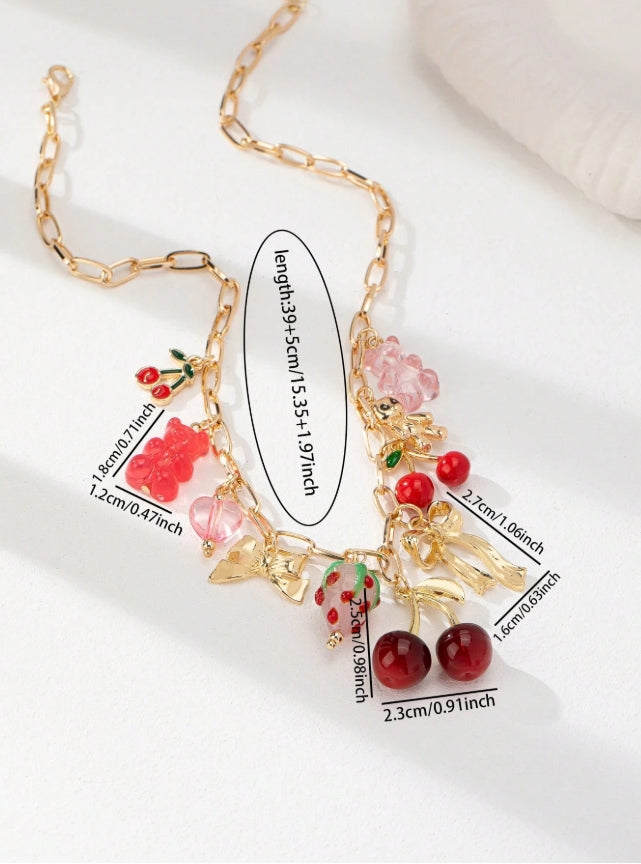 Shein 1pc Cherry Charm Necklace, Bow Strawberry Pendant Necklaces,