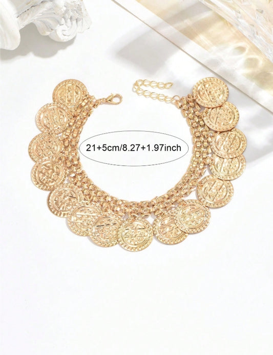 SHEIN 1pc Metal Fashionable Unique Metal Disc Pendant Anklet, Women Beach Vacation Wear