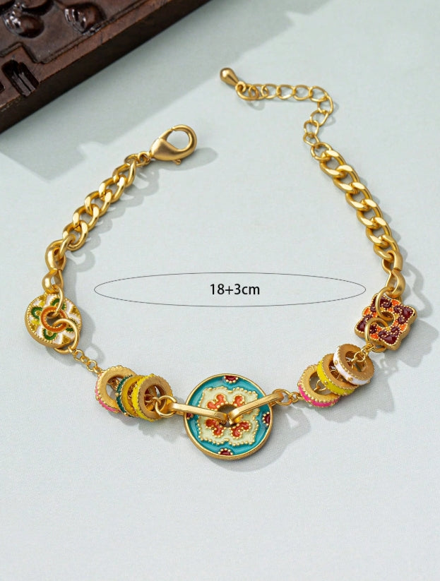 SHEIN 1pc Traditional Blue Flower Enamel Beaded Bracelet, Chinese Style Golden Bangle, Chic Fashion Jewelry For Women Daily Wear