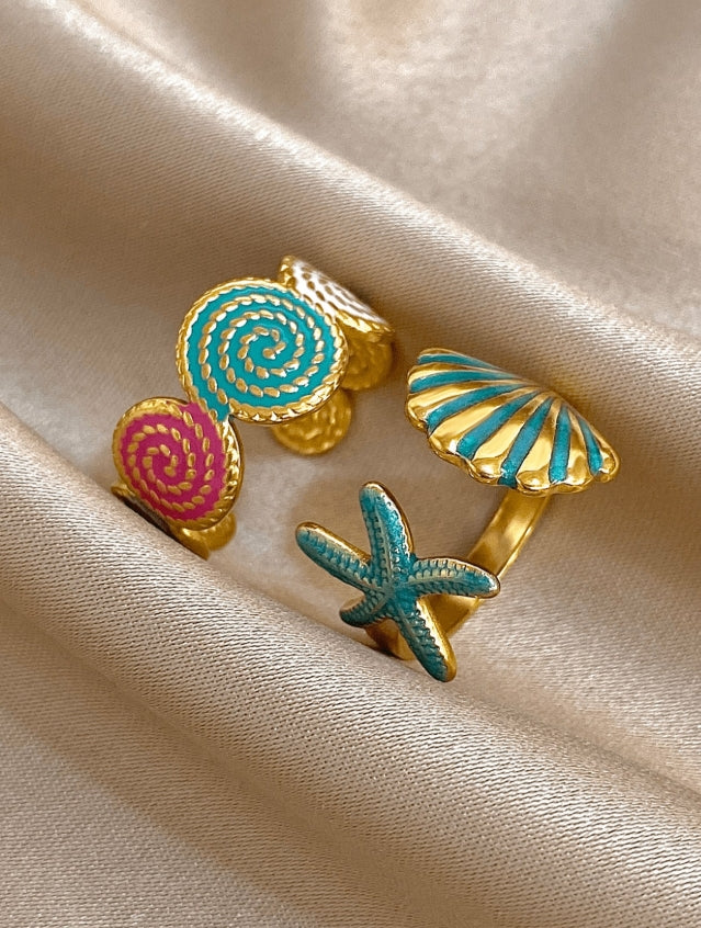 SHEIN ing Set 18K Gold Plated Stainless Steel Ocean Chic Adjustable Opening Rings Starfish & Shell Statement Rings