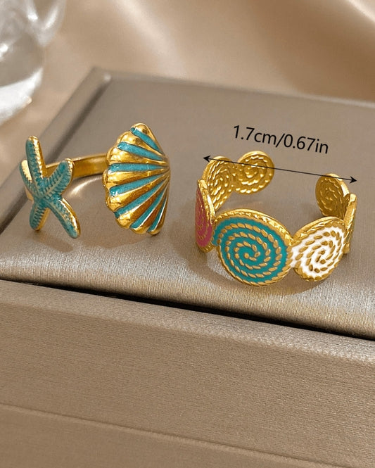 SHEIN ing Set 18K Gold Plated Stainless Steel Ocean Chic Adjustable Opening Rings Starfish & Shell Statement Rings