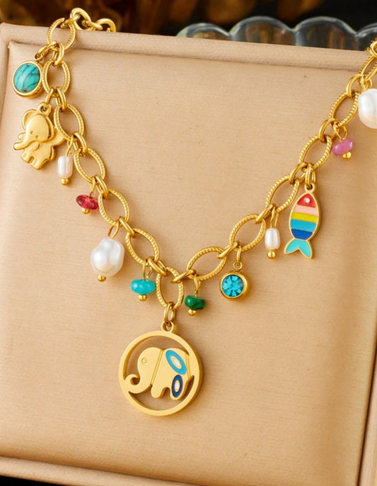 SHEIN 1pc Colored Oil Drip Elephant & Fish Pearl Pendant Stainless Steel Chain Necklace