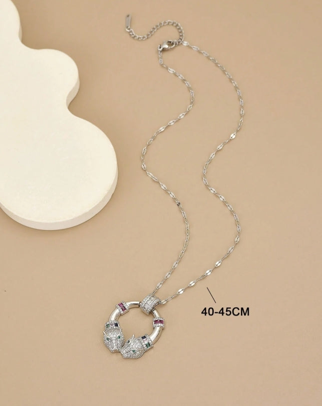 SHEIN 1pc Fashion Stylish Full Rhinestone Double-Headed Animal Round Stainless Steel Unisex Necklace