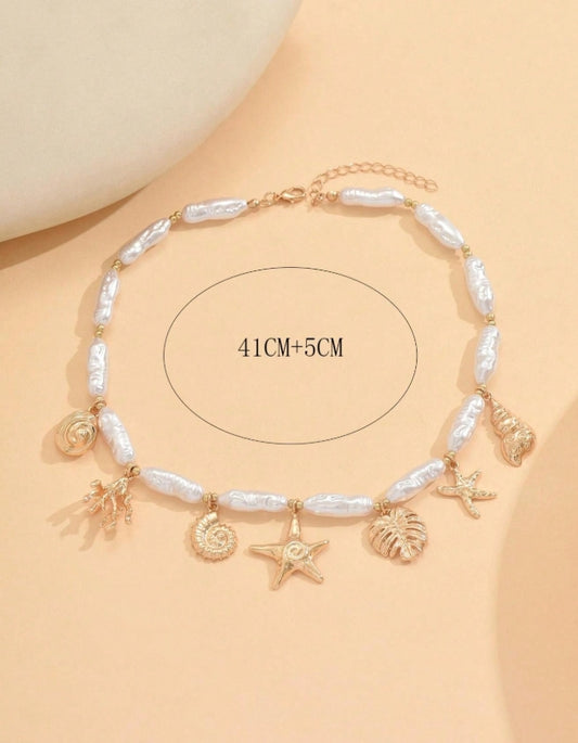 SHEIN 1pc Summer Ocean Style Pendant Necklace, Fashion Faux Pearl CCB Beaded Necklace