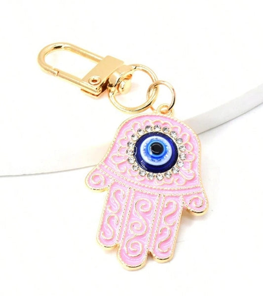 SHEIN Golden Sparkling Hollow Eye Keychain For Women, Zirconia Blue Eye Bag, Car Earphone Box