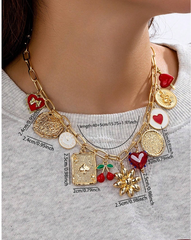 SHEIN Fashionable Multi-Pendant Necklace With Cherry, Heart, Glass Beads, Clock Charm