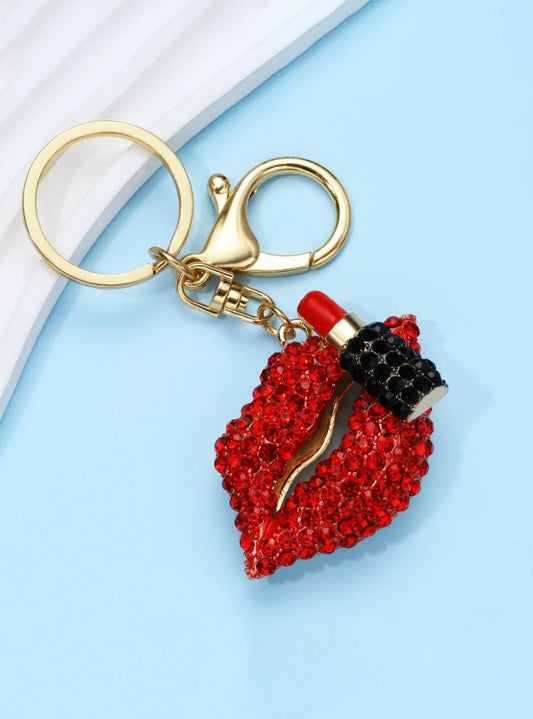 SHEIN 1pc Women's Creative & Fashionable Rhinestone-Studded Red Lips Keychain