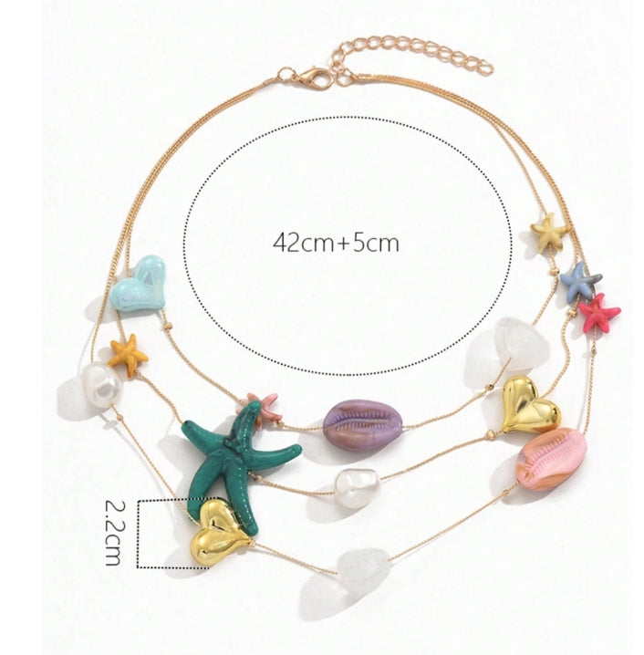 SHEIN 1pc Vacation Beach Style Multilayer Resin Shell, Sea Turtle & Star Pendant Necklace For Women