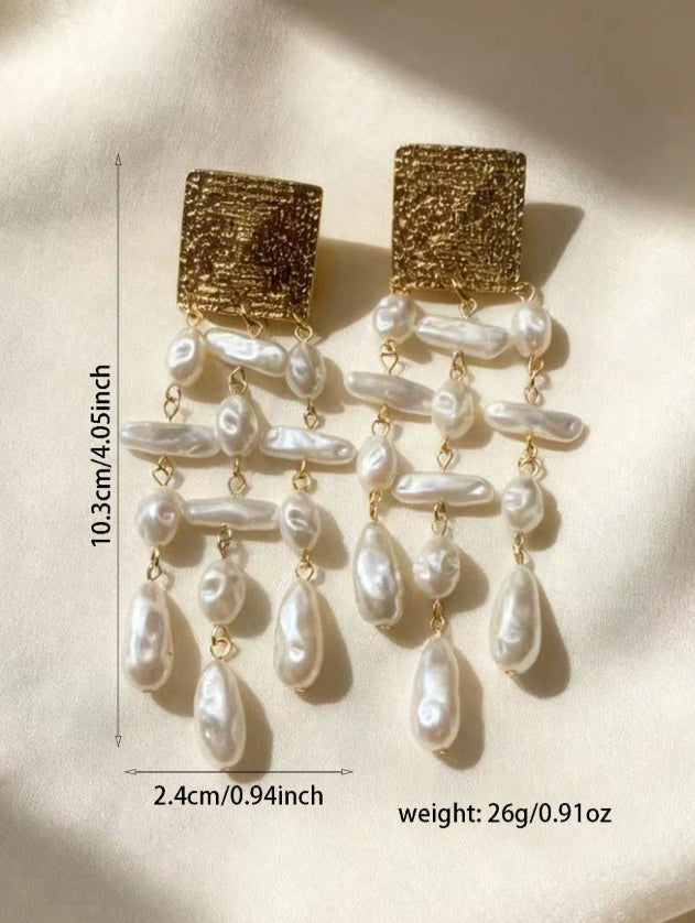 SHEIN Vintage European Asymmetrical Pearl Tassel Long Earrings, Women's Fashion Party Jewelry