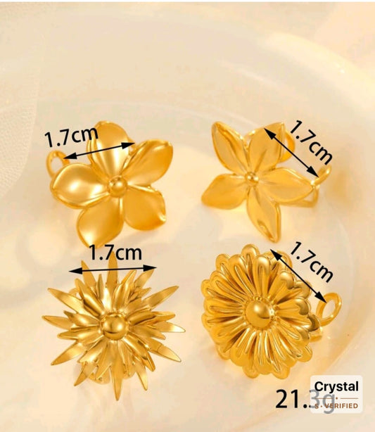 4pcs Stainless Steel Fashionable Exaggerated Golden Flower Heart And Other Shapes Ring Set