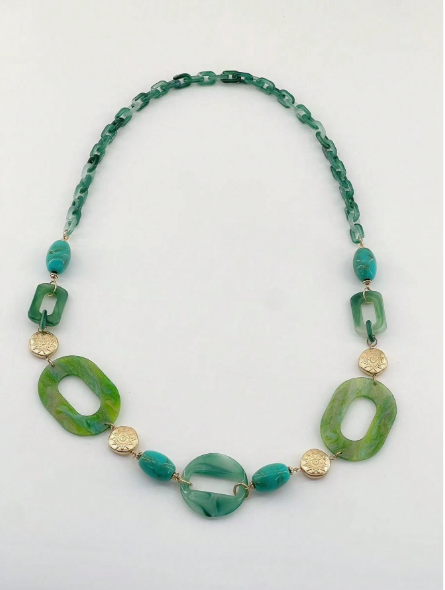 Boho Green Acrylic Link Necklace – Geometric Resin & Gold Coin Statement Necklace