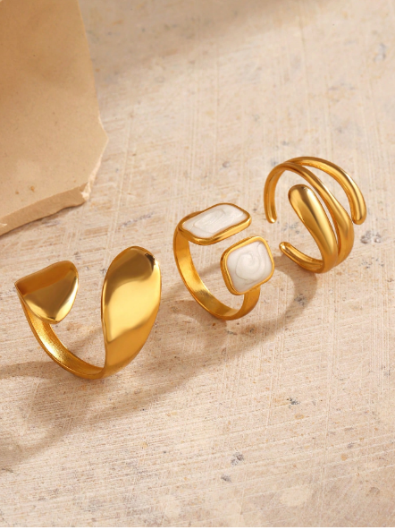 3pcs Set Stainless Steel 18K Gold-Plated Minimalist Geometric Drip Oil Open Ring Jewelry Set,