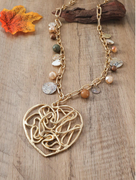 Bohemian Wire-Woven Openwork Heart Pendant Long Necklace – Beaded Gold Chain