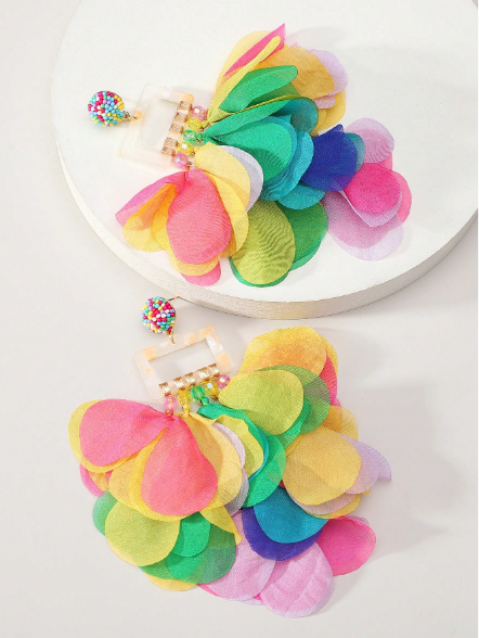 Multicolor Fabric Petal Tassel Drop Earrings – Boho Floral Statement Dangle Earrings