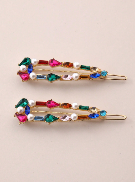 2pcs Elegant Rhinestone Waterdrop & Square Shaped Alligator Hair Clip Hairpins For Girls