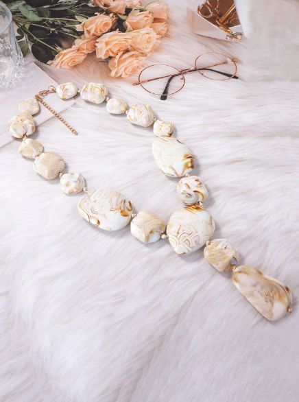 Beige Marbled Resin Pebble Y-Necklace – Organic Stone Drop Statement Necklace
