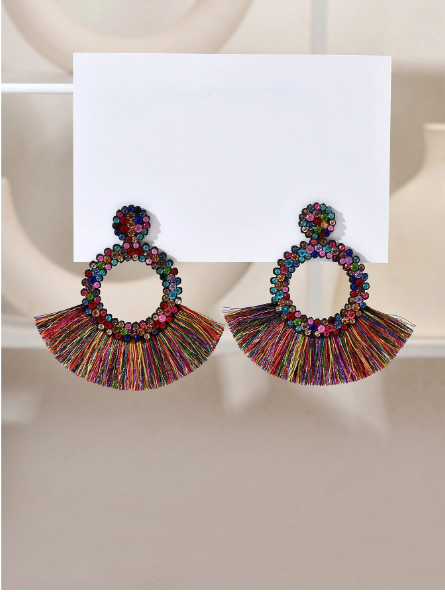Multicolor Crystal Hoop & Fringe Tassel Earrings – Boho Rhinestone Fan Statement Earrings
