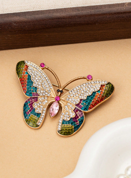 1pc Elegant Butterfly Rhinestone Decorated Brooch Pin Costume Lapel Shirt Sweater Jacket Accessory