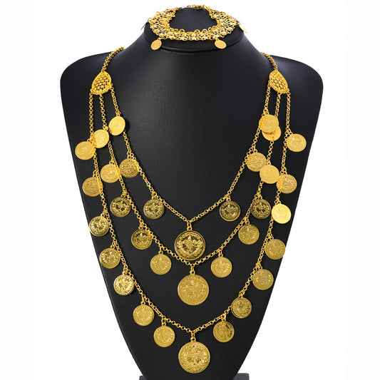 Shein Retro Multi-Layer Coin Pendant Necklace & Bracelet Jewelry Set