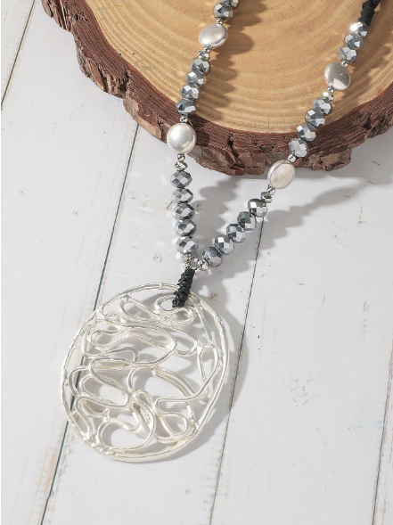 Bohemian Wire-Woven Openwork Oval Pendant Long Necklace – Grey Beaded Cord
