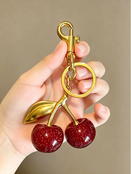 Sparkling Red Resin Cherry Keychain – Antique Gold Bag Charm & Keyring