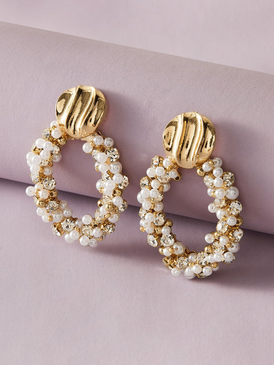 1pair Textured Metal Decor Faux Pearl Round Drop Earrings
