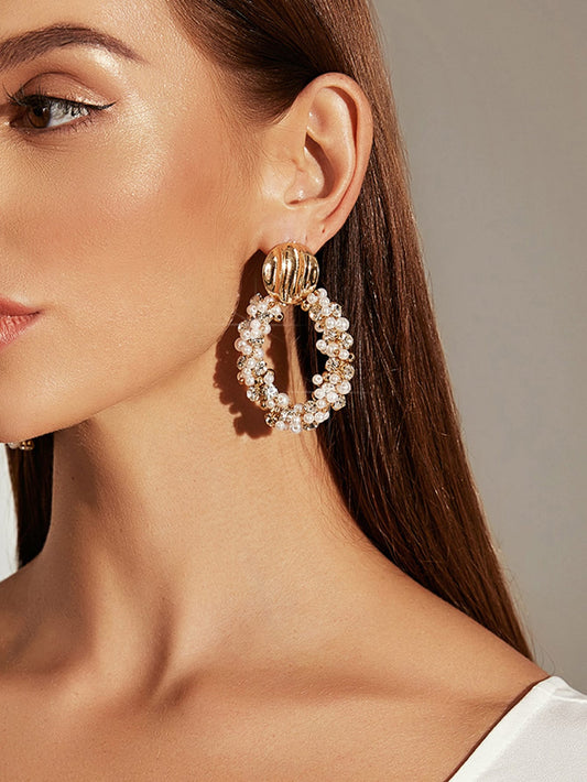 1pair Textured Metal Decor Faux Pearl Round Drop Earrings