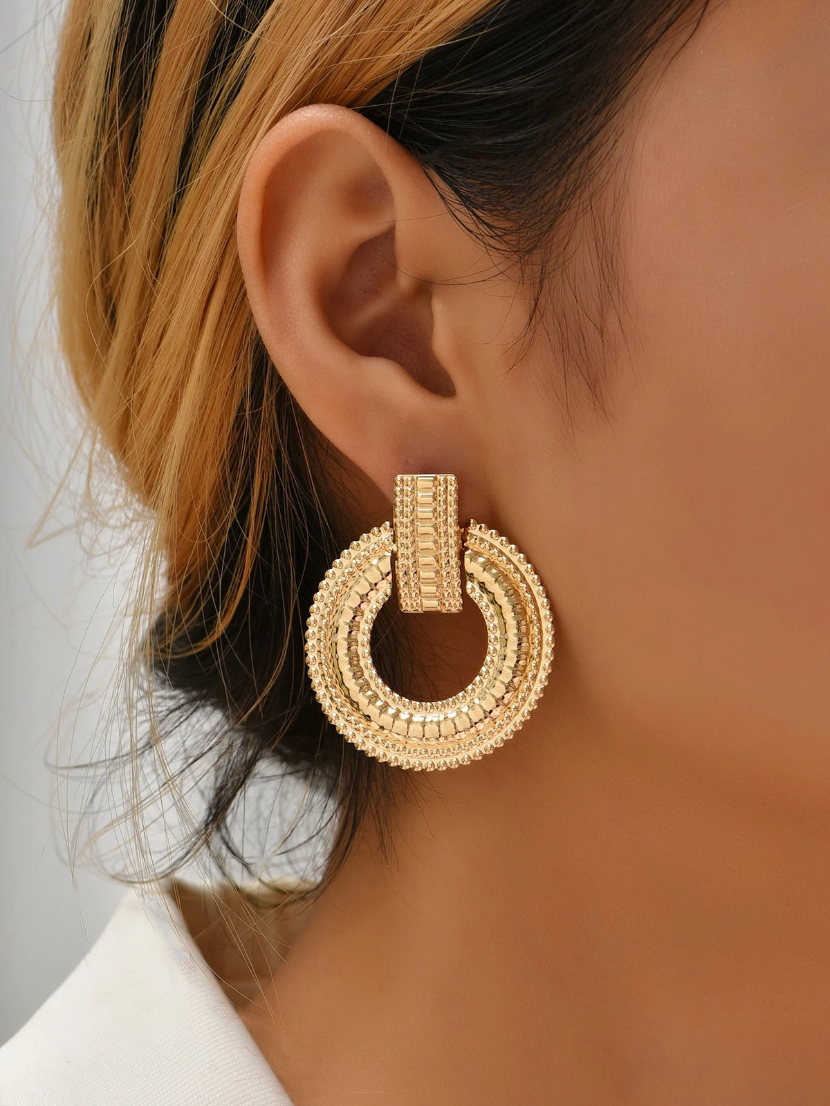 Textured Metal Round Drop Earrings