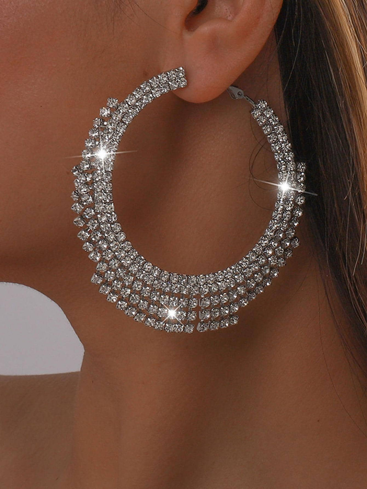 2pcs Exaggerated Women's Rhinestone Tassel Large Circle Drop Earrings For Daily Wear, Date and Party Accessory