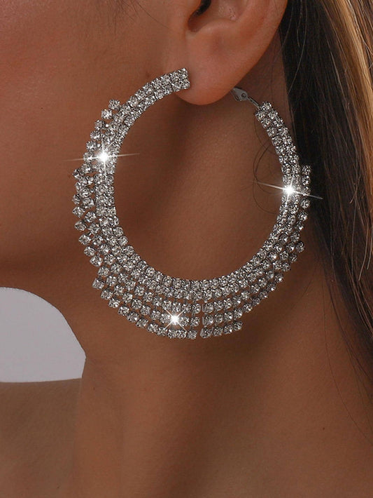 2pcs Exaggerated Women's Rhinestone Tassel Large Circle Drop Earrings For Daily Wear, Date and Party Accessory