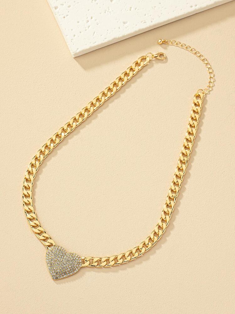 Rhinestone Heart Pendant Chain Necklace Yellow Gold