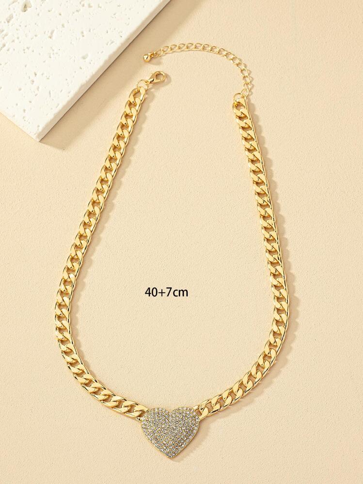 Rhinestone Heart Pendant Chain Necklace Yellow Gold