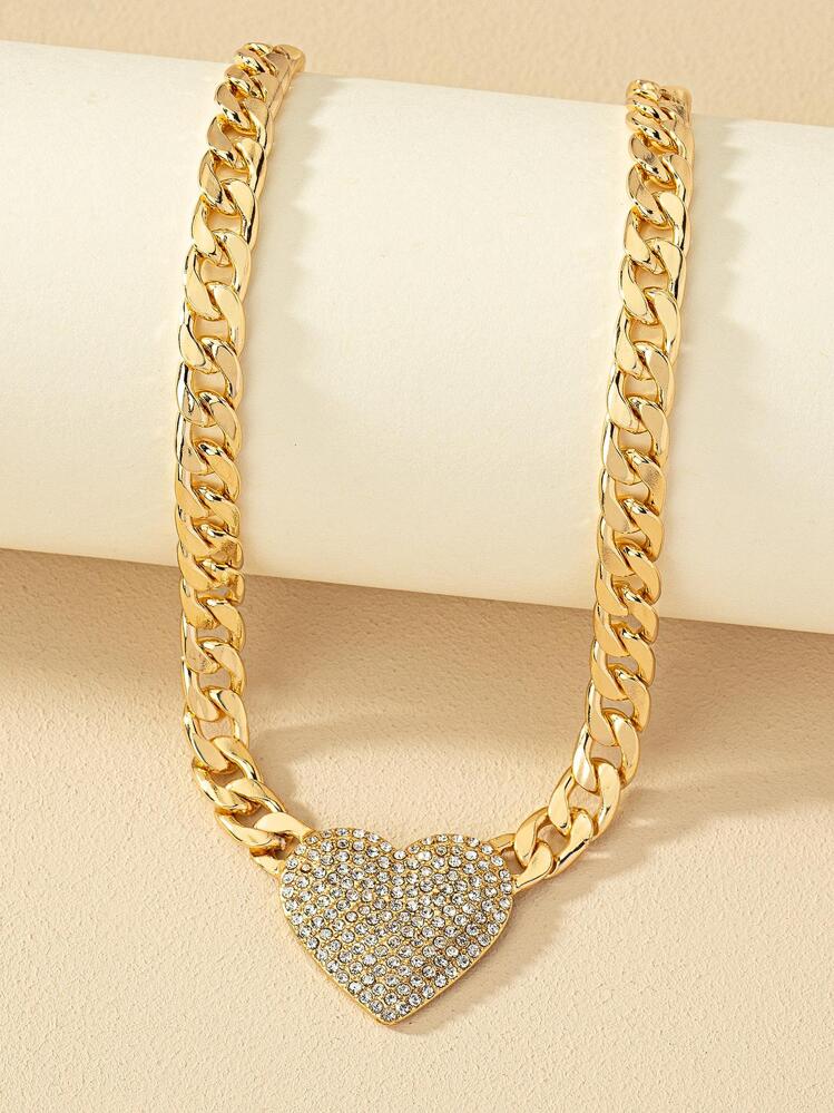 Rhinestone Heart Pendant Chain Necklace Yellow Gold