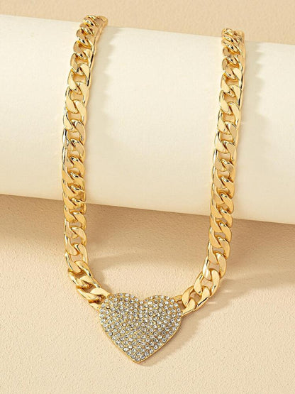 Rhinestone Heart Pendant Chain Necklace Yellow Gold