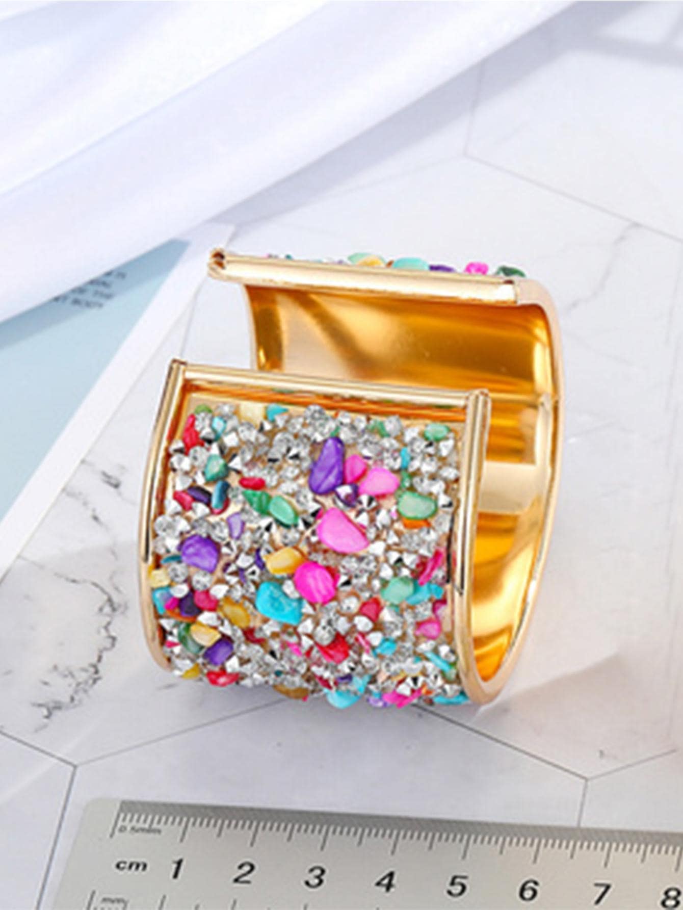 1pc Metal Bangle Bracelet With Embedded Stones And Rhinestones, Lightweight And Personalized, Adjustable Opening