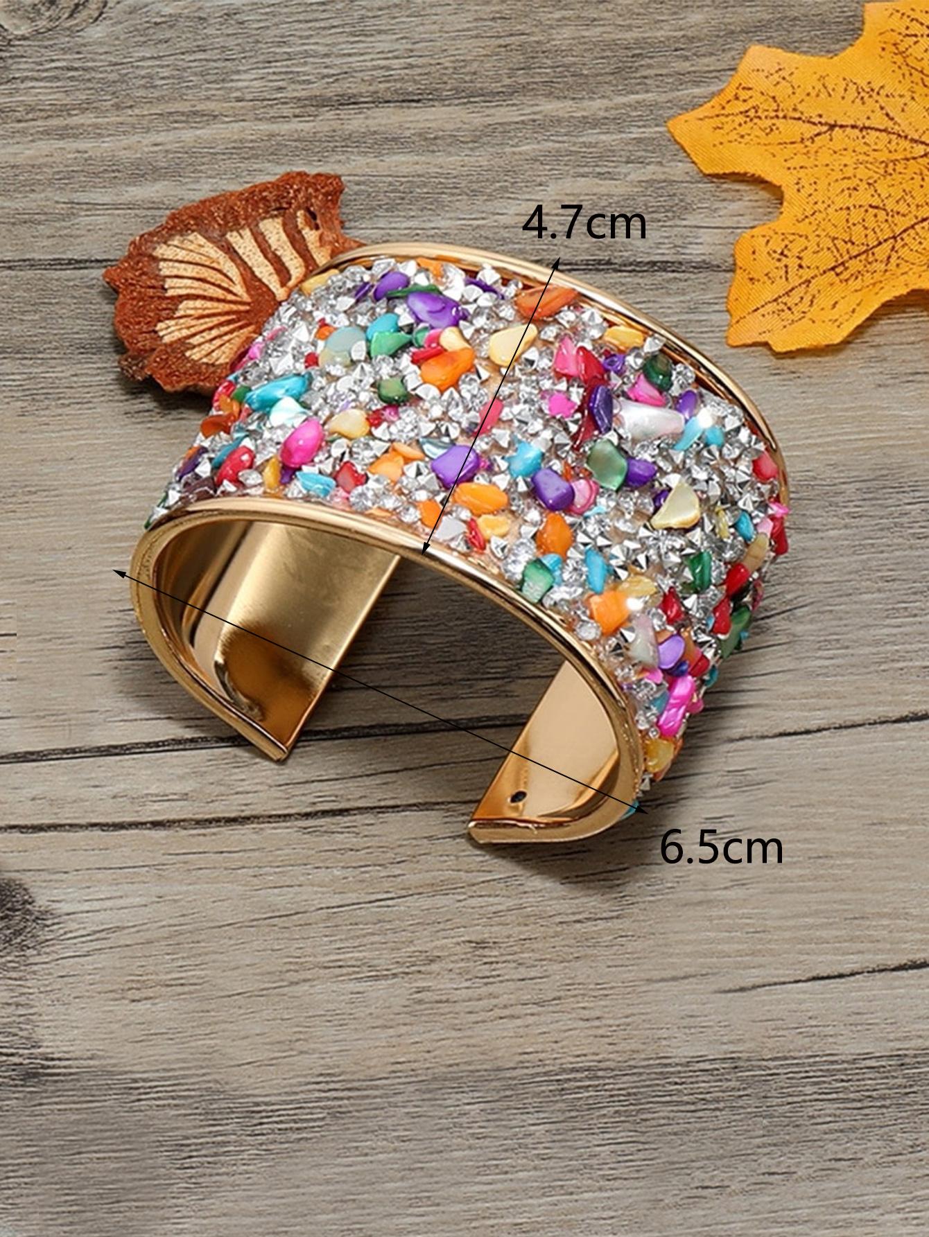 1pc Metal Bangle Bracelet With Embedded Stones And Rhinestones, Lightweight And Personalized, Adjustable Opening