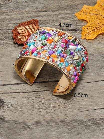 1pc Metal Bangle Bracelet With Embedded Stones And Rhinestones, Lightweight And Personalized, Adjustable Opening