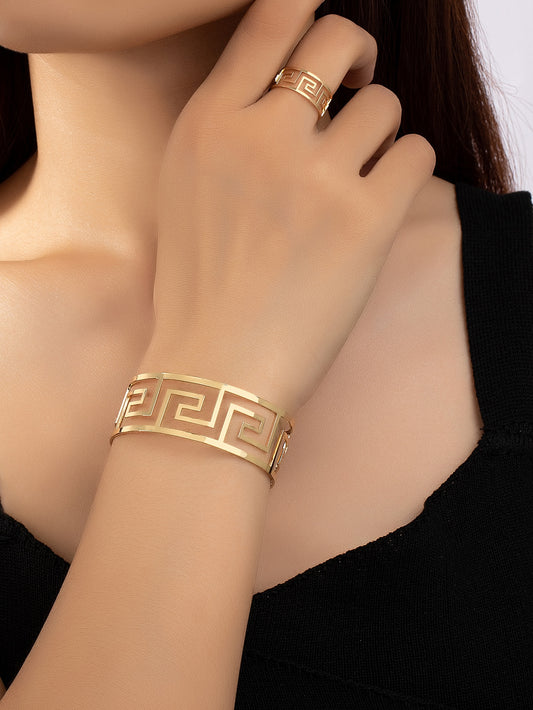 1pc Fashion Iron Hollow Out Cuff Bangle & 1pc Cuff Ring For Women For Gift