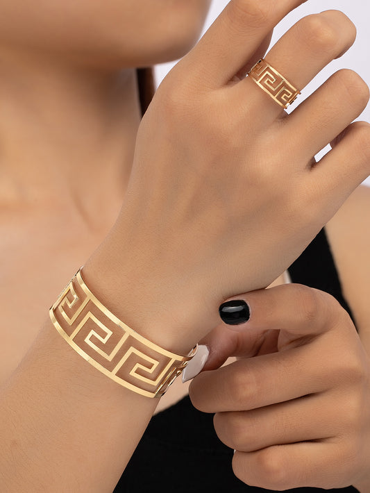 1pc Fashion Iron Hollow Out Cuff Bangle & 1pc Cuff Ring For Women For Gift