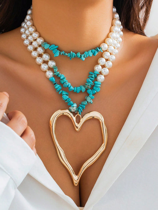1pc Multilayered Vintage Style Green Turquoise Beaded & Faux Pearl Necklace, Statement Heart Pendant Jewelry, Gift For Her On Festivals Valentines