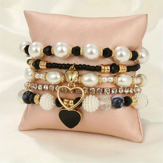 Shein 5Pcs Set Pearl & Crystal Beads Bracelets